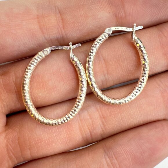 VTG Sterling Silver 925 Textured Elongated Hoop Earrings Size 1" Length - Picture 6 of 11